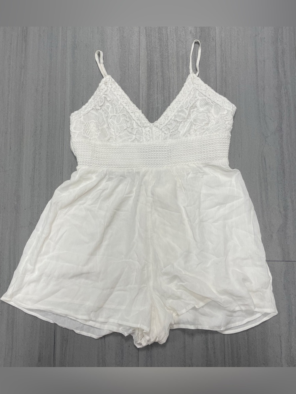 Aeropostale White Lace-Detail Romper with Smocked Waist